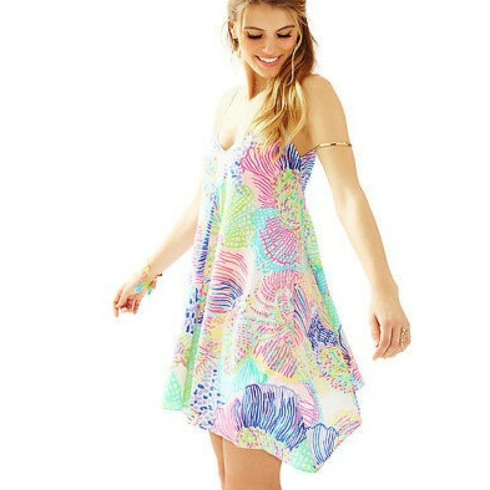 Lilly Pulitzer Clara Multi Roar of The Seas Asymmetric Hem Slip Dress Size S